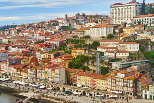 Porto, Portugal - 12.25.2022: Aerial view of the old ribeira area in Porto. High quality photo