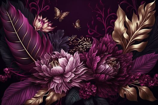 Ornate magenta garden flowers and leaves pattern in plum, violet, fuschia colors, digital illustration for greeting card, invitation, beauty products, fashion, template banner. Generative AI.