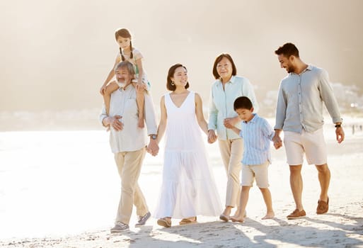 Family beach day. Full length shot of a happy diverse multi-generational family at the beach