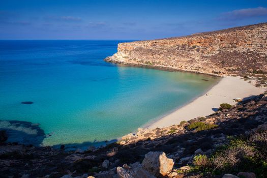 View of the most famous sea place of Lampedusa, It is named Spiaggia dei conigli, in English language Rabbits Beach or Conigli island