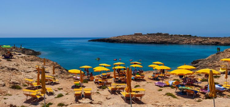 LAMPEDUSA, ITALY - AUGUST, 01: View of Cala Croce beach on August 01, 2018
