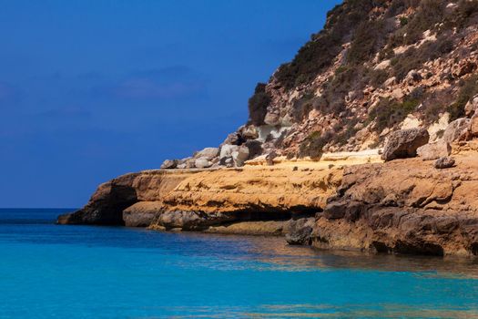 LAMPEDUSA, ITALY - AUGUST, 03: View of Cala Pulcino famous sea place of Lampedusa on August 03, 2018