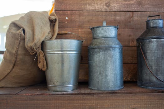 View of jute bag and iron buckets