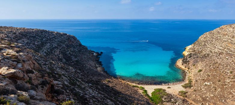 View of Cala Pulcino famous sea place of Lampedusa, Sicily