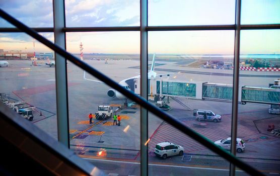 Airplane at the terminal gate ready for takeoff