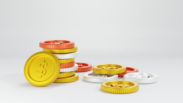 Realistic golden coins isolated on a white backgrond, 3d rendering