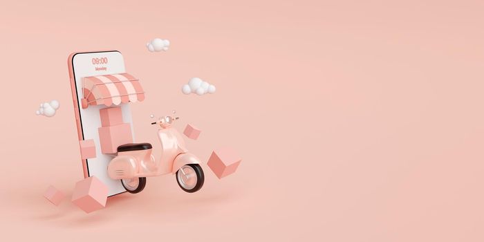 E-commerce concept, Delivery service on mobile application, Transportation or food delivery by scooter, 3d rendering