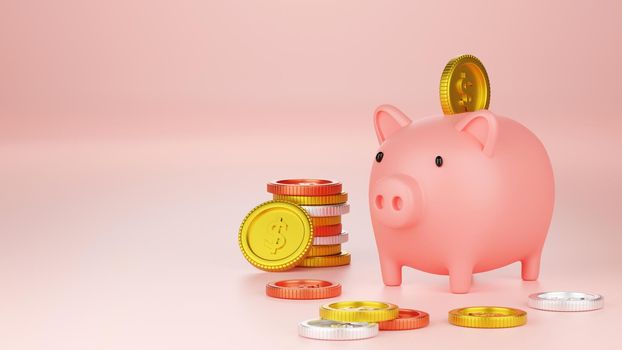 Money Savings Concept, Putting a coin into Piggy bank, Banner background with copy space, 3d rendering
