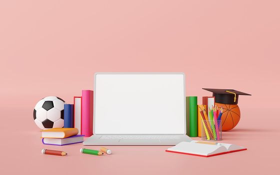 Education online concept, Laptop with education supplies, 3d Illustration