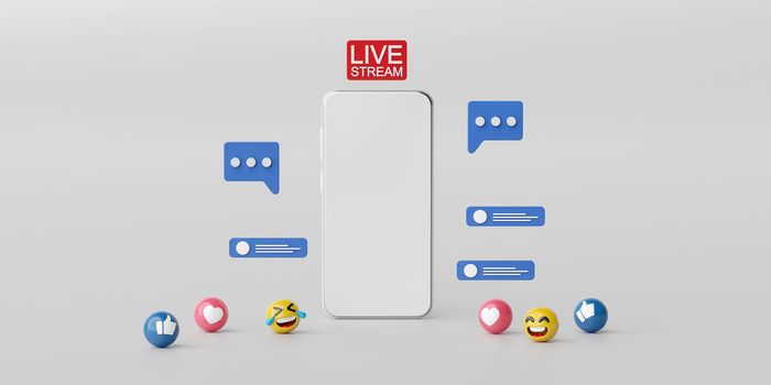 Live streaming on social media application on smartphone, 3d rendering