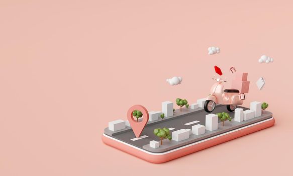 E-commerce concept, Delivery service on mobile application, Transportation or food delivery by scooter, 3d rendering