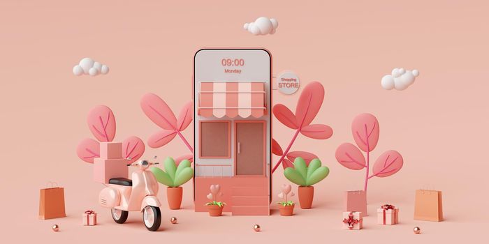 E-commerce concept, Shopping online and delivery service on mobile application, Transportation or food delivery by scooter, 3d rendering