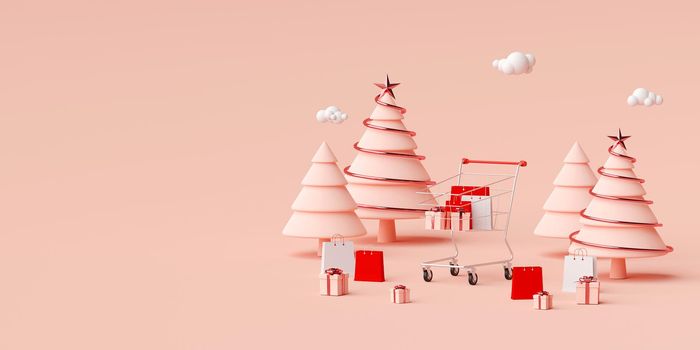 Chrsitmas advertisement banner background for web design, Shopping bag and gift with Shopping cart on pink background, 3d rendering