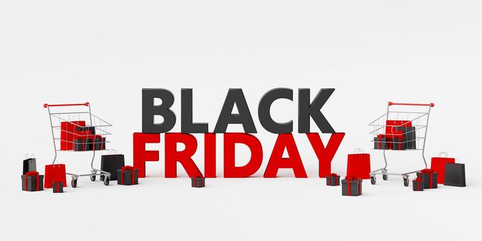 Banner of Black friday with shopping cart full of shopping bags and gifts, 3d rendering