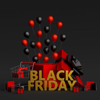 Black friday with shopping cart full of shopping bags and gifts, 3d rendering