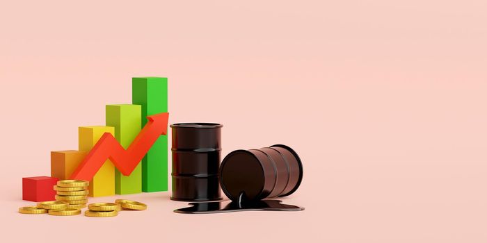 Oil barrel and dollar coin with graph growth up, 3d illustration