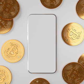 Blockchain cyptocurrency Bitcoin BTC with smartphone mockup, 3d illustration