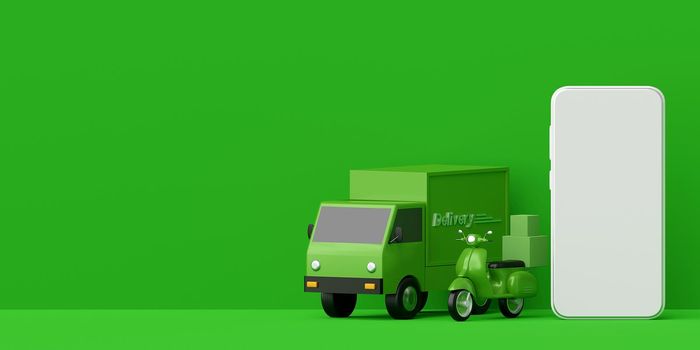 E-commerce concept, Delivery service on mobile application, Transportation delivery by truck or scooter, 3d illustration