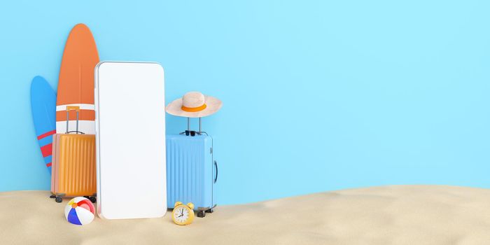 Summer shopping online concept, Smartphone mockup with travel accessories on sand, 3d illustration