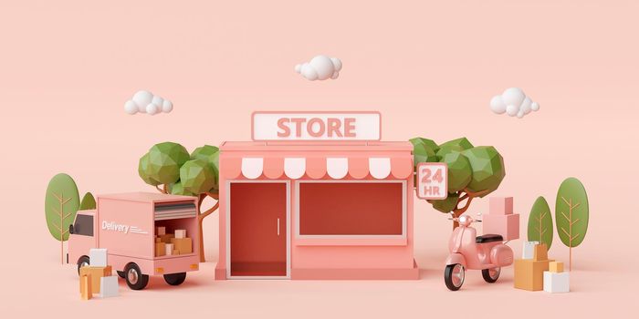 E-commerce concept, Convenience store and delivery service by scooter and truck, 3d illustration