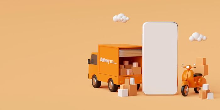 E-commerce concept, Delivery service on mobile application, Transportation delivery by truck or scooter, 3d rendering