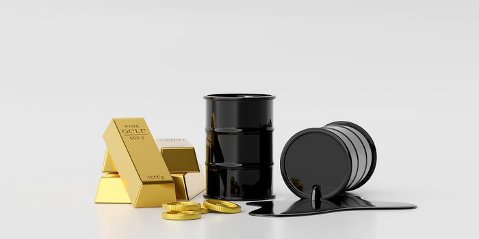 Investment concept, Stack of gold bar with barrel of oil with dollar coin, 3d illustration