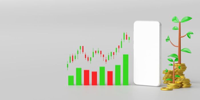 Stock and forex trading on smartphone, Finance and investment apps, 3d illustration