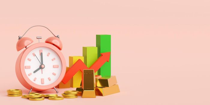 Alarm clock, gold bar and coin with graph growth up, 3d illustration