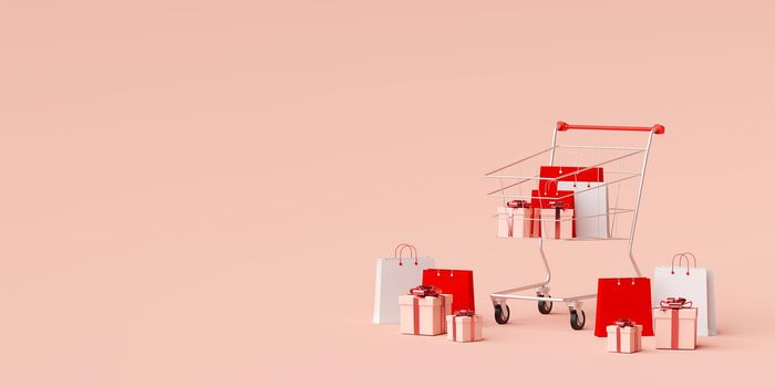 Advertisement banner background for web design, Shopping bag and gift with Shopping cart on pink background, 3d rendering