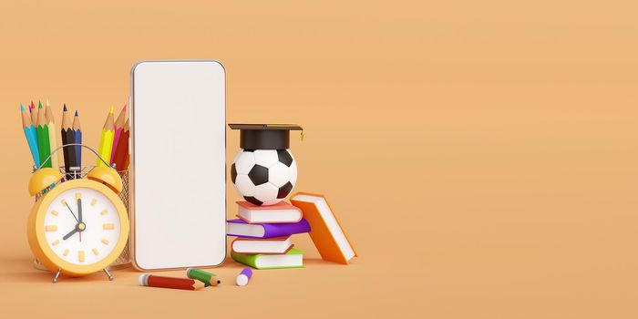 Education online concept, Banner of Smartphone with education supplies, 3d Illustration