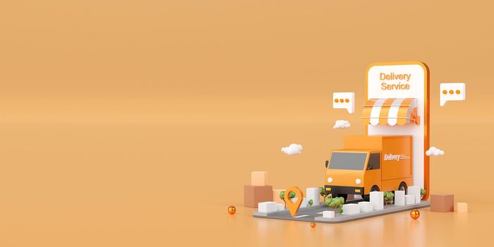 Delivery service on mobile application, Transportation delivery by truck, 3d illustration