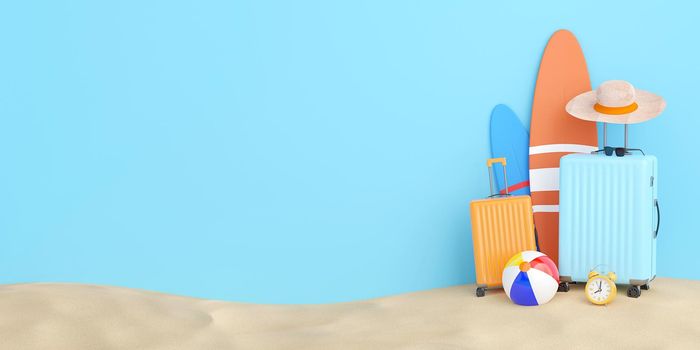 Suitcase with travel accessories and surfboard, summer concept, 3d illustration