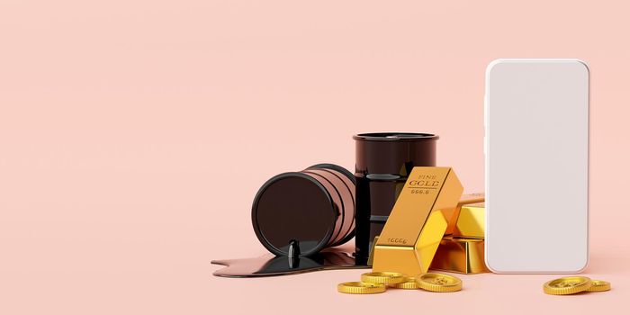 Investment concept, Smartphone mockup with gold bars and oil barrel, 3d illustration