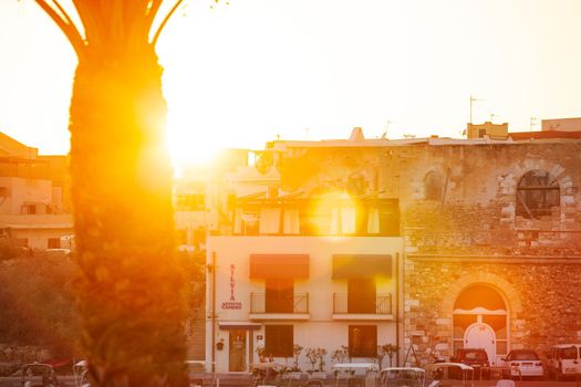 View of Lampedusa houses at sunset, Sicily