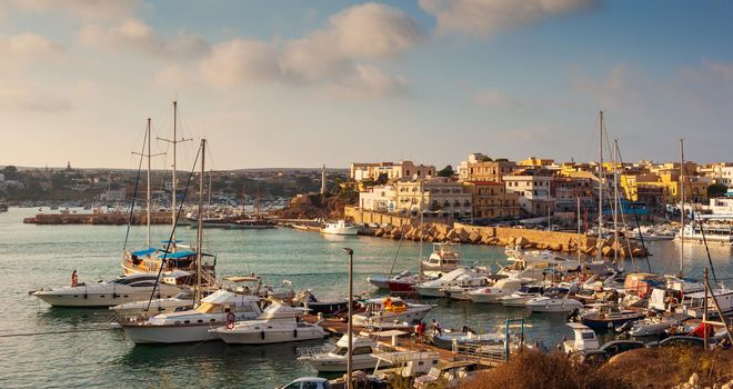 LAMPEDUSA, ITALY - AUGUST, 01: View of the old town of Lampedusa at sunset on August 01, 2018