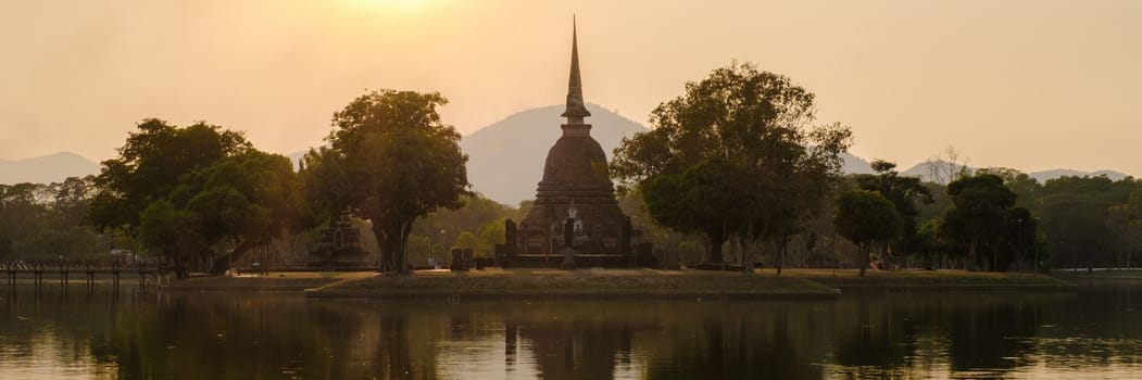 Wat Sa Si at sunset Sukhothai old city, Thailand. Ancient city and culture of south Asia Thailand, Sukothai historical park