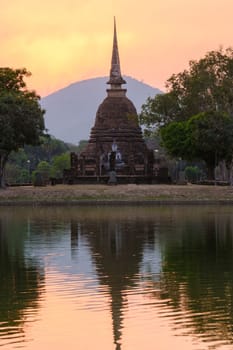 Wat Sa Si at sunset Sukhothai old city, Thailand. Ancient city and culture of south Asia Thailand, Sukothai historical park