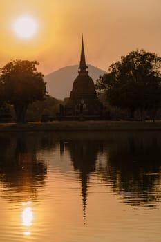 Wat Sa Si at sunset Sukhothai old city, Thailand. Ancient city and culture of south Asia Thailand, Sukothai historical park at sunset