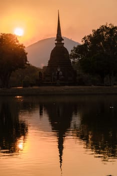 Wat Sa Si at sunset Sukhothai old city, Thailand. Ancient city and culture of south Asia Thailand, Sukothai historical park at sunset