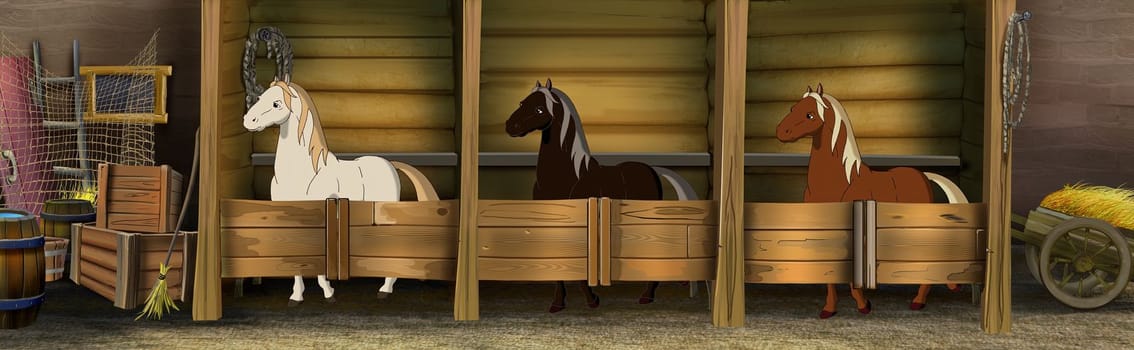 Two horses in the stable at day. Digital Painting Background, Illustration.
