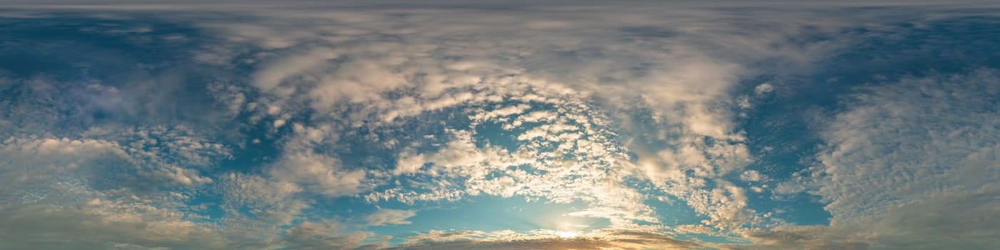 Dark blue sunset sky panorama with pink Cumulus clouds. Seamless hdr 360 pano in spherical equirectangular format. Full zenith for 3D visualization, game, sky replacement for aerial drone panoramas
