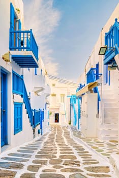 empty street of Mykonos Greek village in Greece, colorful streets of Mikonos village.