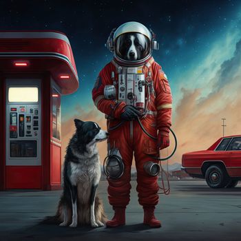 Digital artwork of dog wearing a space red suit and hold black dog at gas station. Space Dogs is a retro futuristic of a dogs on new planet. Download image