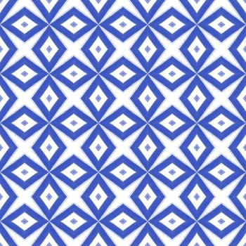 Ikat repeating swimwear design. Indigo symmetrical kaleidoscope background. Textile ready charming print, swimwear fabric, wallpaper, wrapping. Summer ikat sweamwear pattern.