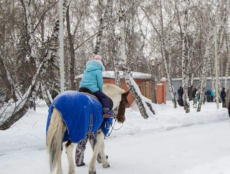 Little girl riding a horse in the winter in the Park, fun for children.