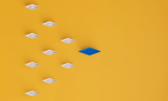 Top view of Paper boat leads blue followed by other white boat on a yellow background. Social media or internet followers concept. 3D rendering.
