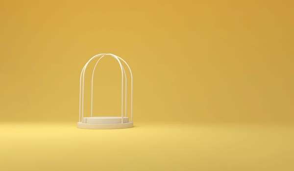 Podium for products with cage on a pastel yellow background. 3d rendering