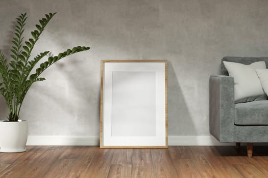 A frame in the middle of a room. Mockup frames on empty white room with clear wall and wood floor. modern minimal style. 3d rendering.