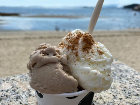 Sun, Sand, and Scoops: Hazelnut and Tiramisu homemade Ice Cream by the Beach.