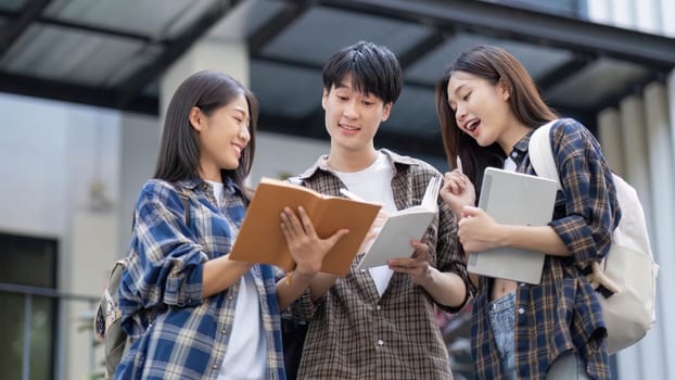 Group of young Asian college students sitting on in front of the school building, talking and focusing on their school project.